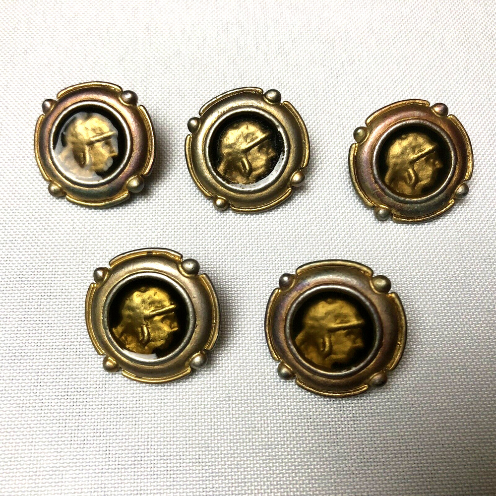 Vintage Buttons Goldtone Medieval Theme Helmet Male Shank Metal 1" Lot of 5